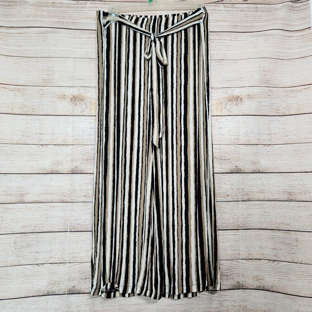Maxine Nichols Brown Cream Wide Leg Flowy Pull On Tie Front Pants Size L (28x24)